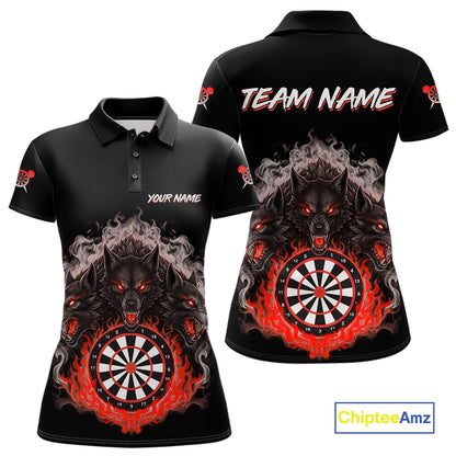 Grey And Red Flames Wolf Custom Women's Funny Dart Polo Shirts Team Dart League Jerseys NYN2081