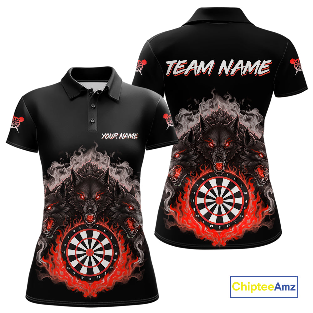 Grey And Red Flames Wolf Custom Women's Funny Dart Polo Shirts Team Dart League Jerseys NYN2081