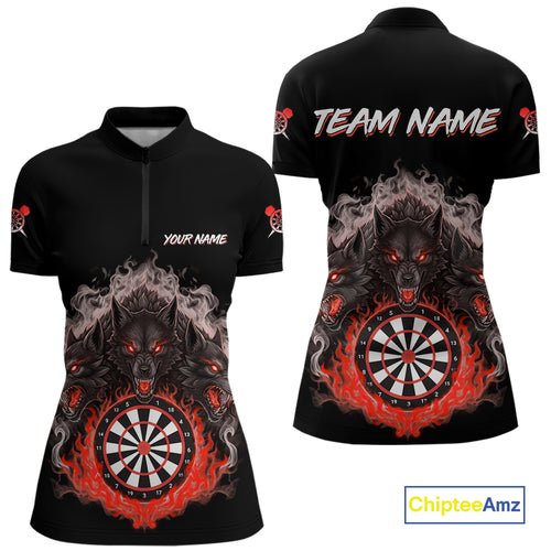 Grey And Red Flames Wolf Custom Women's Funny Dart Quarter-Zip Shirts Team Dart League Jerseys NYN2081