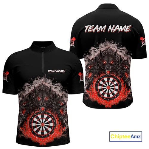 Grey And Red Flames Wolf Custom Men's Funny Dart Quarter-Zip Shirts Team Dart League Jerseys NYN2081