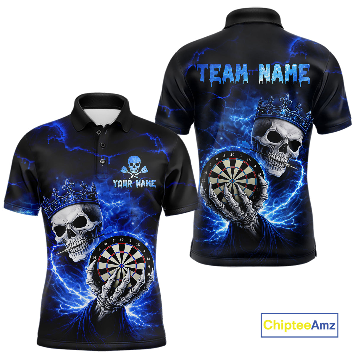 Black And Blue Thunder Crown Skull Dartboard Men Darts Polo Shirt Custom Darts Team Jersey NYN2608