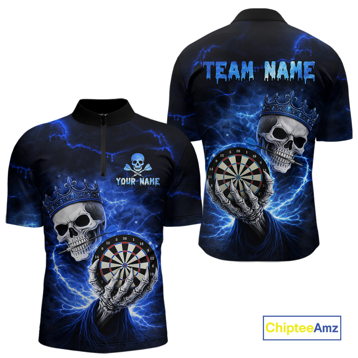 Black And Blue Thunder Crown Skull Dartboard Women Darts Quarter-Zip Shirt Custom Darts Team Jersey NYN2608