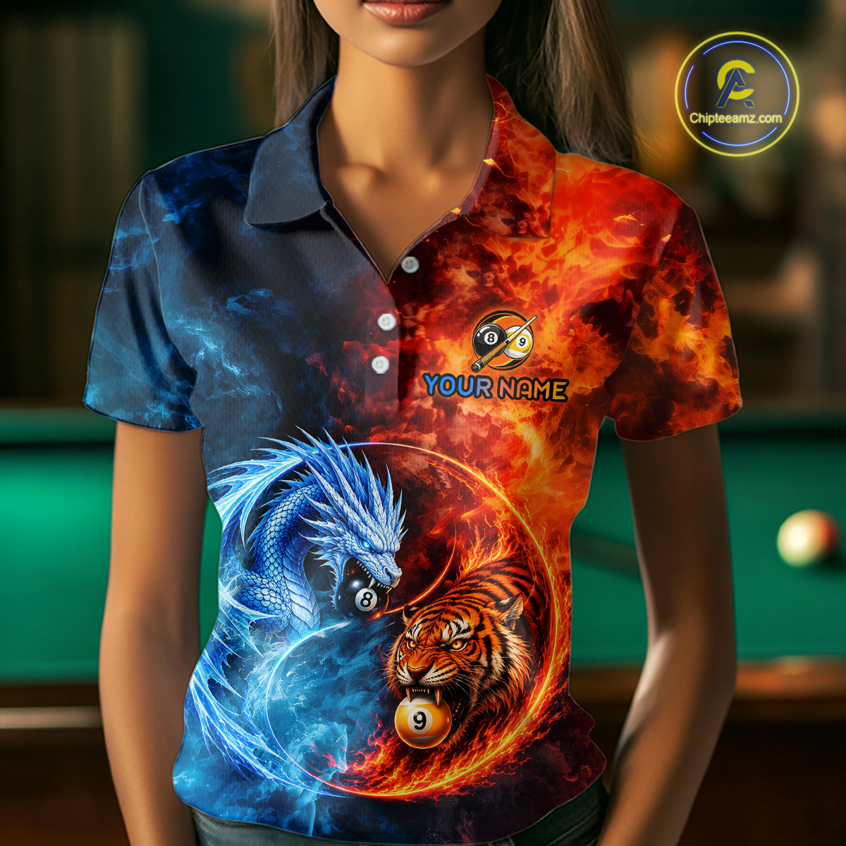 Female model wearing Dragon 8 Ball Tiger 9 Ball billiard polo, mythical cue sports apparel, power, balance, personalized tournament fashion