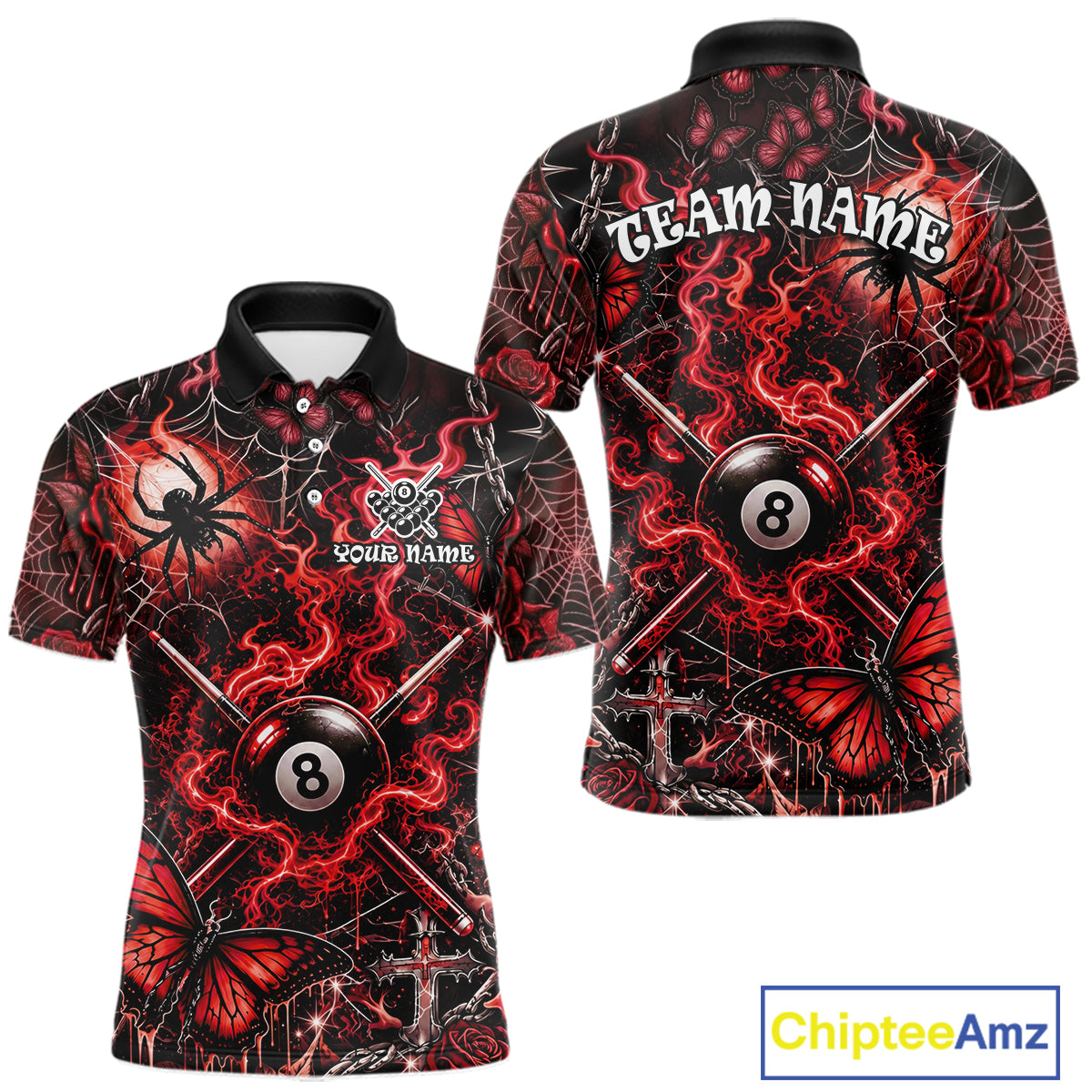 Personalized 8 Ball Red Smoke Billiard Team Name Shirt Gothic Spider Butterfly Pool Ball Billiard For Men NYN4696