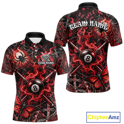 Personalized 8 Ball Red Smoke Billiard Team Name Shirt Gothic Spider Butterfly Pool Ball Billiard For Men NYN4696