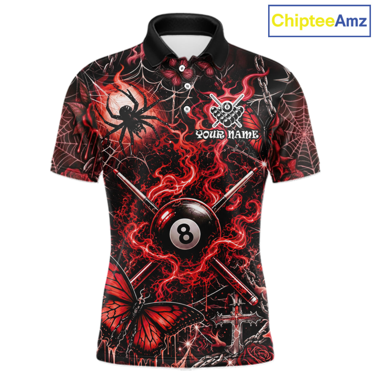 Personalized 8 Ball Red Smoke Billiard Team Name Shirt Gothic Spider Butterfly Pool Ball Billiard For Men NYN4696