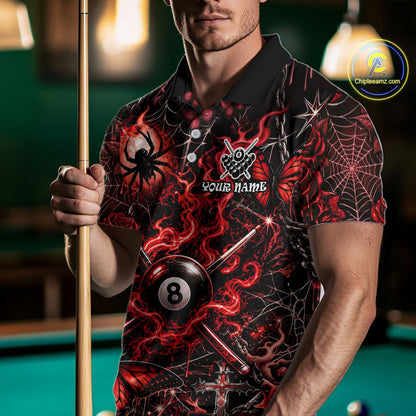 Personalized 8 Ball Red Smoke Billiard Team Name Shirt Gothic Spider Butterfly Pool Ball Billiard For Men NYN4696