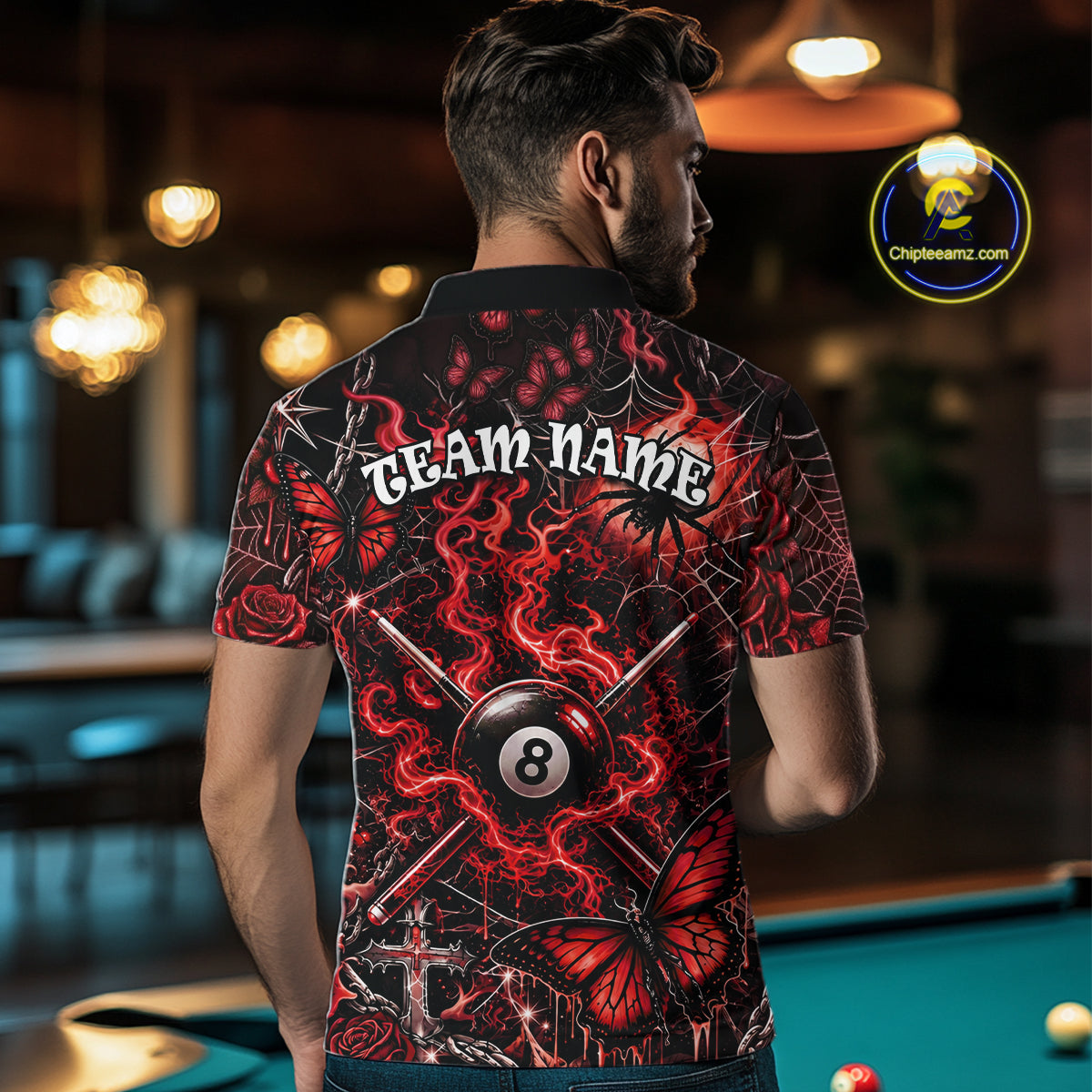 Personalized 8 Ball Red Smoke Billiard Team Name Shirt Gothic Spider Butterfly Pool Ball Billiard For Men NYN4696