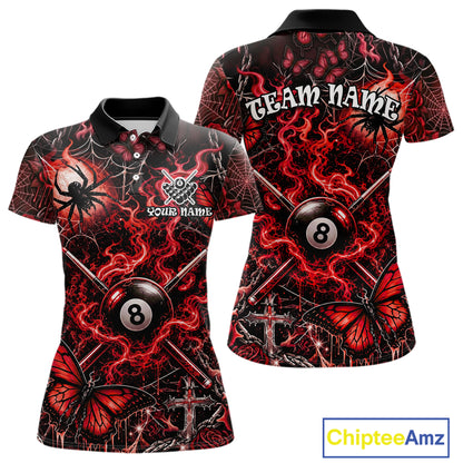 Personalized 8 Ball Red Smoke Billiard Team Name Shirt Gothic Spider Butterfly Pool Ball Billiard For Women NYN4696
