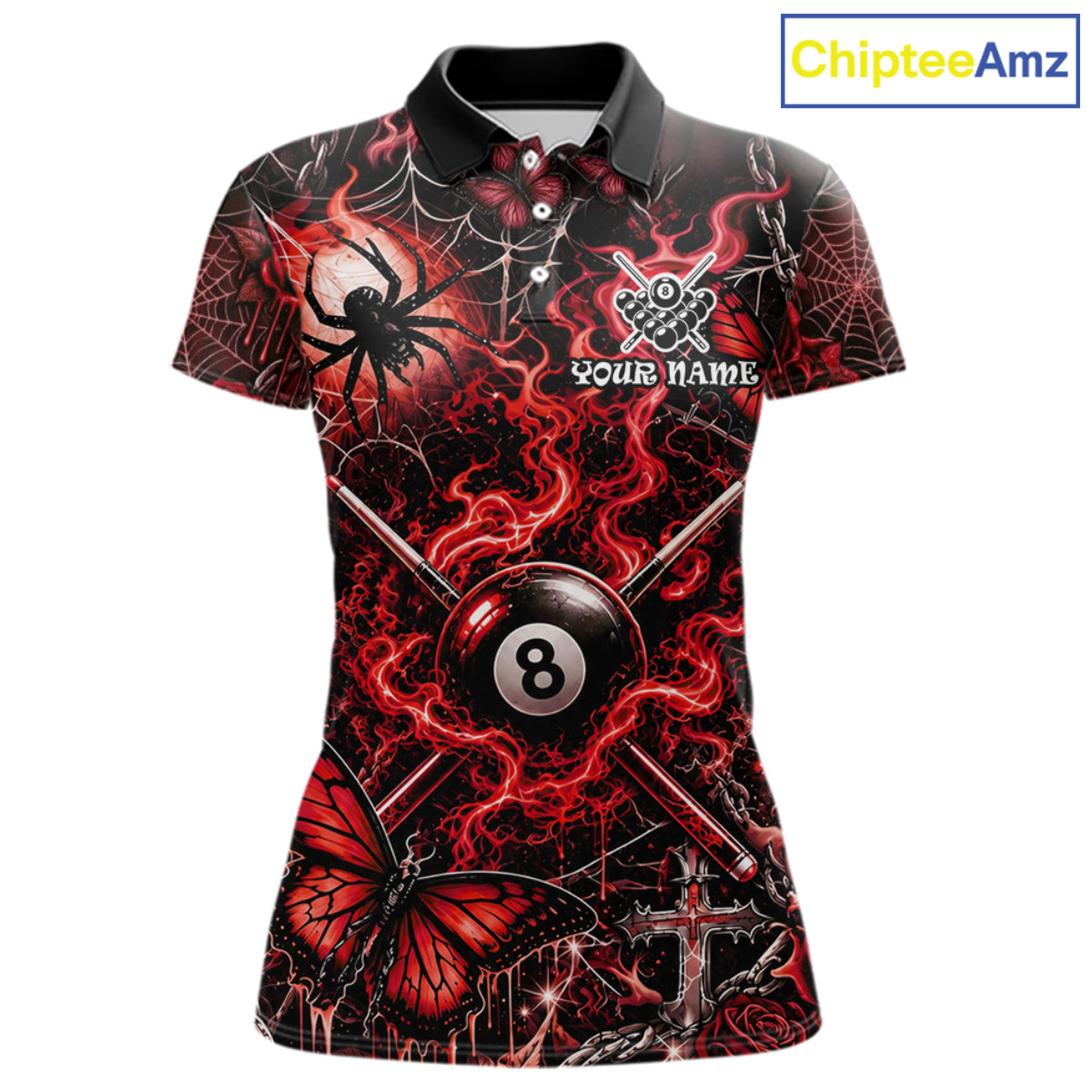 Personalized 8 Ball Red Smoke Billiard Team Name Shirt Gothic Spider Butterfly Pool Ball Billiard For Women NYN4696