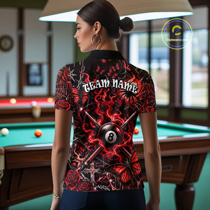 Personalized 8 Ball Red Smoke Billiard Team Name Shirt Gothic Spider Butterfly Pool Ball Billiard For Women NYN4696