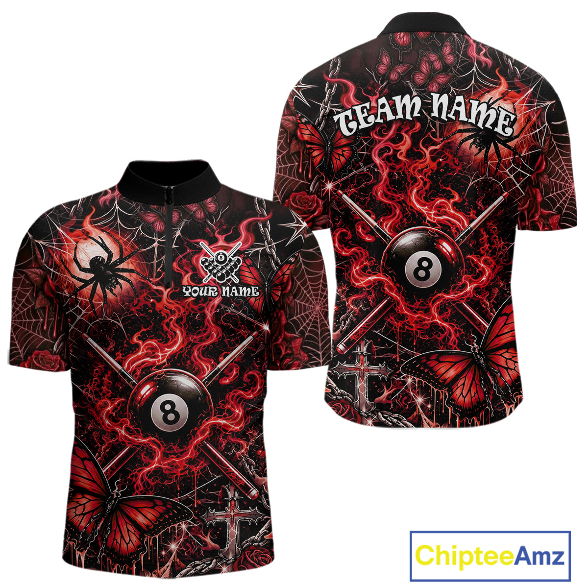 Personalized 8 Ball Red Smoke Billiard Team Name Shirt Gothic Spider Butterfly Pool Ball Billiard For Men NYN4696