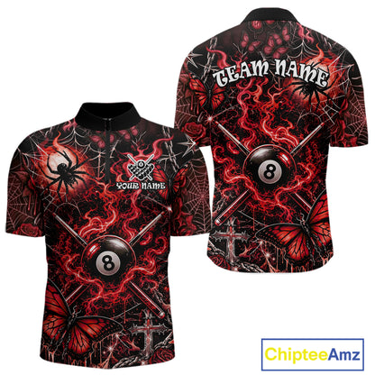 Personalized 8 Ball Red Smoke Billiard Team Name Shirt Gothic Spider Butterfly Pool Ball Billiard For Men NYN4696
