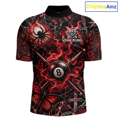 Personalized 8 Ball Red Smoke Billiard Team Name Shirt Gothic Spider Butterfly Pool Ball Billiard For Men NYN4696