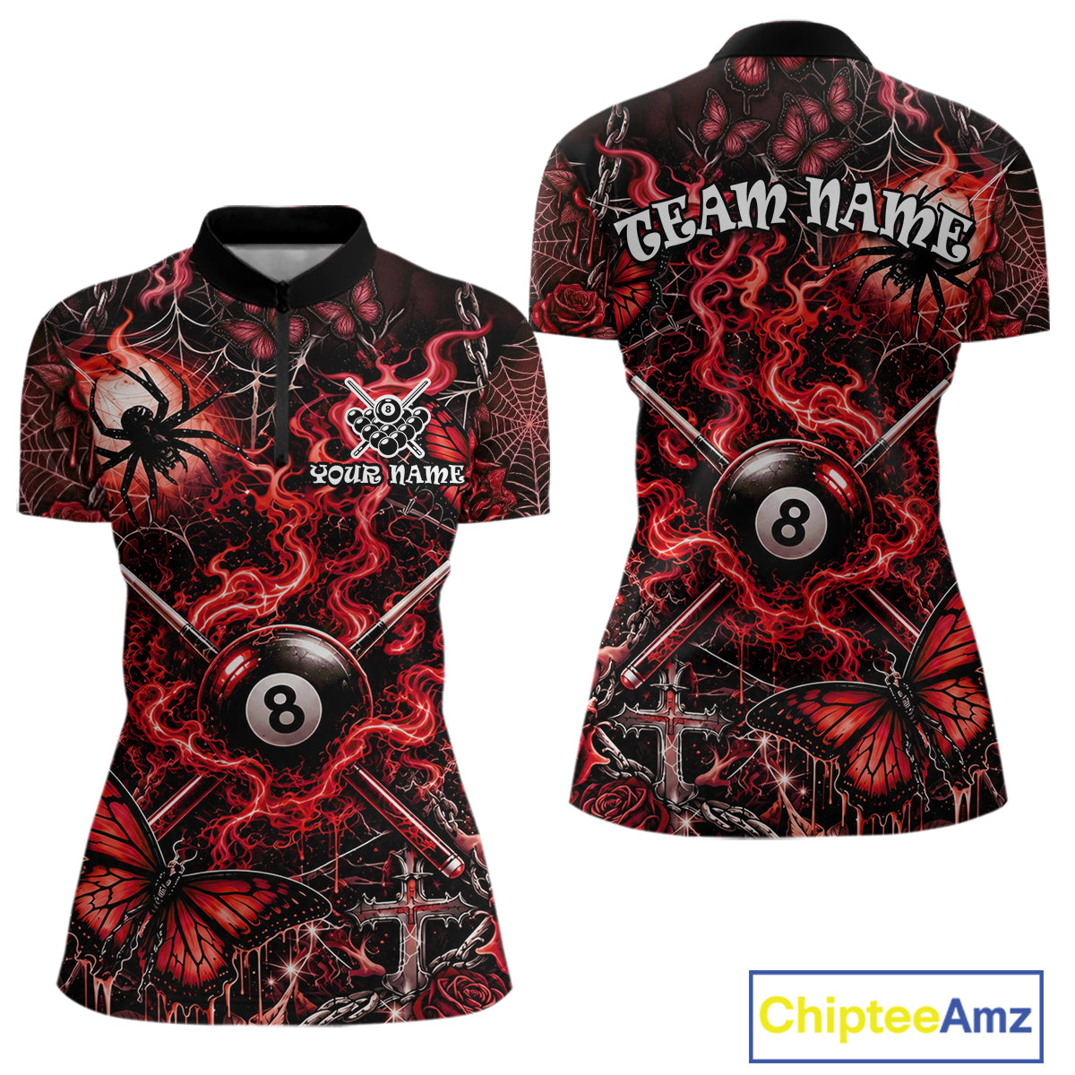 Personalized 8 Ball Red Smoke Billiard Team Name Shirt Gothic Spider Butterfly Pool Ball Billiard For Women NYN4696