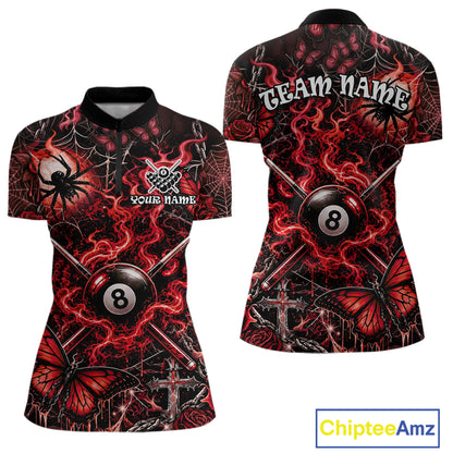 Personalized 8 Ball Red Smoke Billiard Team Name Shirt Gothic Spider Butterfly Pool Ball Billiard For Women NYN4696