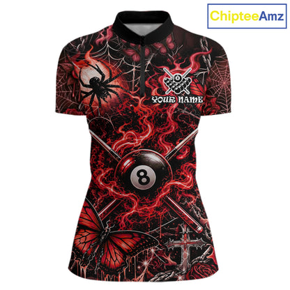 Personalized 8 Ball Red Smoke Billiard Team Name Shirt Gothic Spider Butterfly Pool Ball Billiard For Women NYN4696
