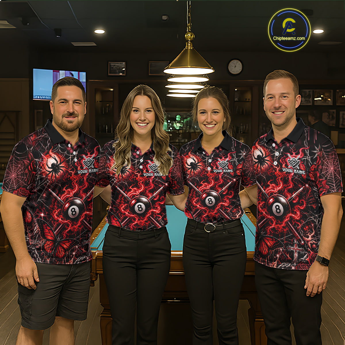 Personalized 8 Ball Red Smoke Billiard Team Name Shirt Gothic Spider Butterfly Pool Ball Billiard For Women NYN4696