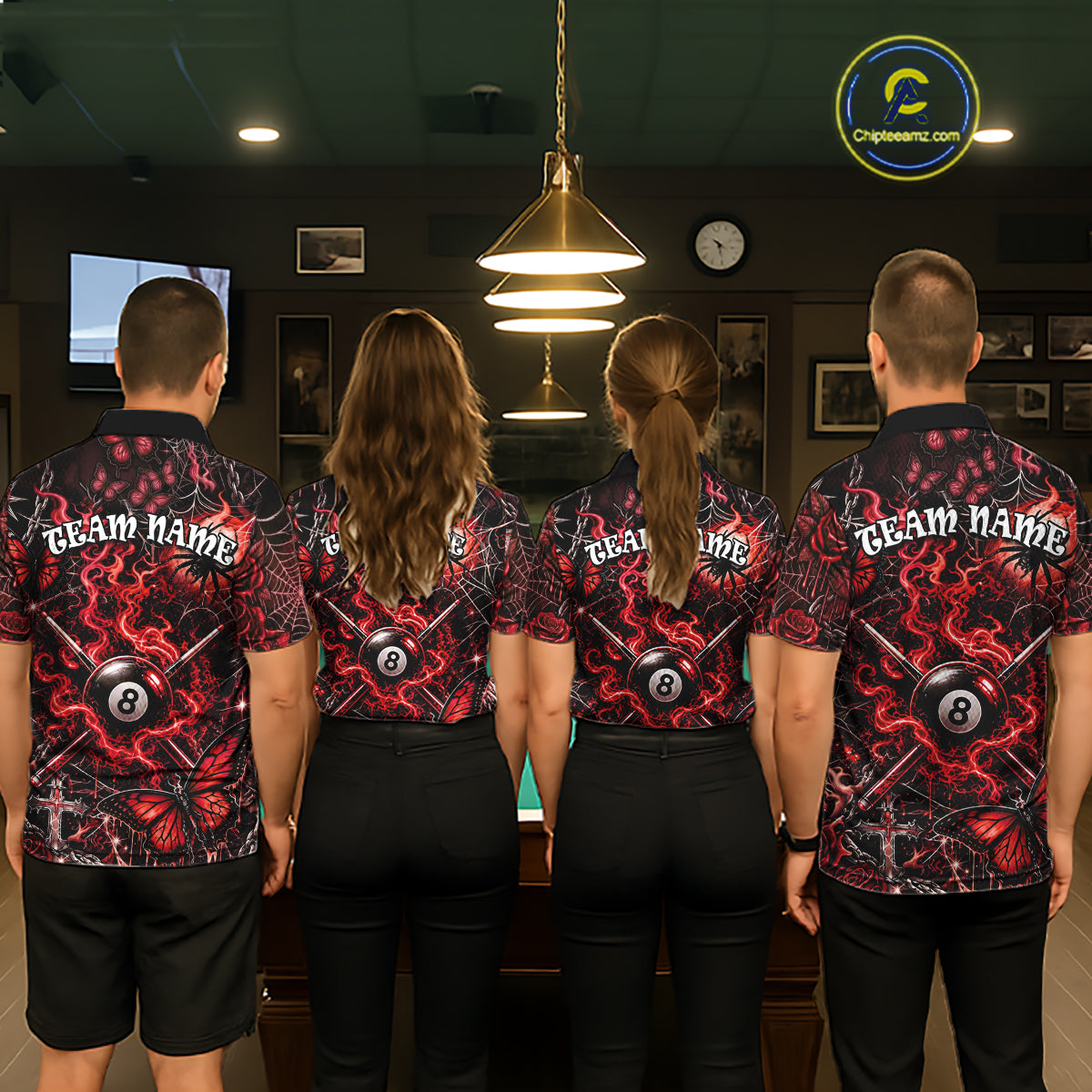 Personalized 8 Ball Red Smoke Billiard Team Name Shirt Gothic Spider Butterfly Pool Ball Billiard For Women NYN4696