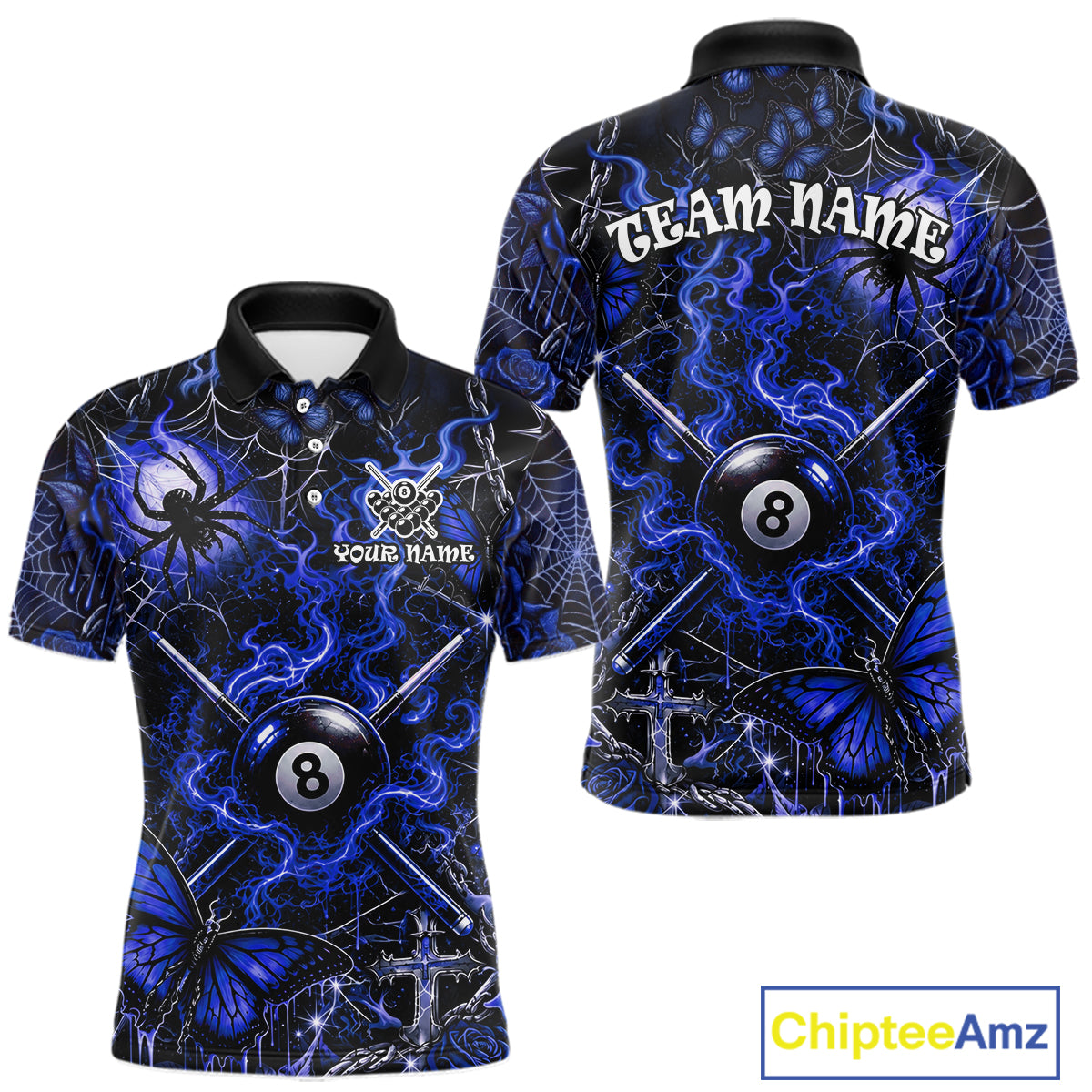 Personalized 8 Ball Blue Smoke Billiard Team Name Shirt Gothic Spider Butterfly Pool Ball Billiard For Men NYN4697