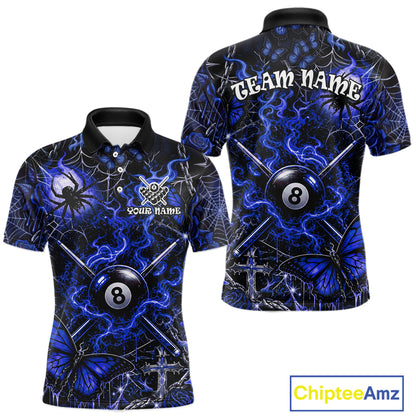 Personalized 8 Ball Blue Smoke Billiard Team Name Shirt Gothic Spider Butterfly Pool Ball Billiard For Men NYN4697