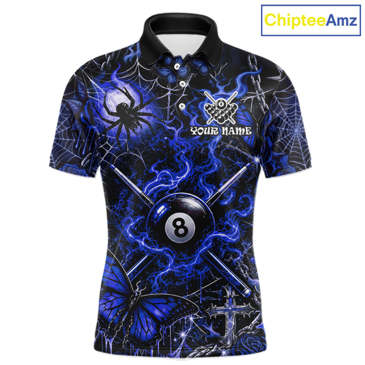 Personalized 8 Ball Blue Smoke Billiard Team Name Shirt Gothic Spider Butterfly Pool Ball Billiard For Men NYN4697