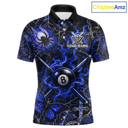 Personalized 8 Ball Blue Smoke Billiard Team Name Shirt Gothic Spider Butterfly Pool Ball Billiard For Men NYN4697