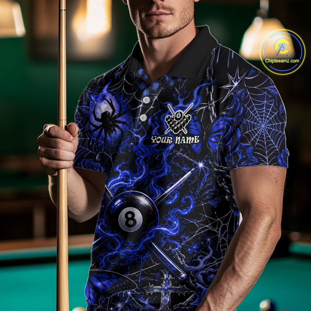 Personalized 8 Ball Blue Smoke Billiard Team Name Shirt Gothic Spider Butterfly Pool Ball Billiard For Men NYN4697