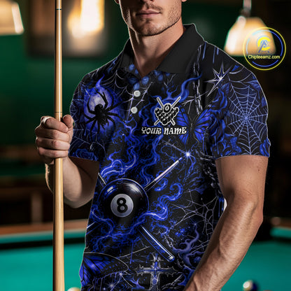 Personalized 8 Ball Blue Smoke Billiard Team Name Shirt Gothic Spider Butterfly Pool Ball Billiard For Men NYN4697
