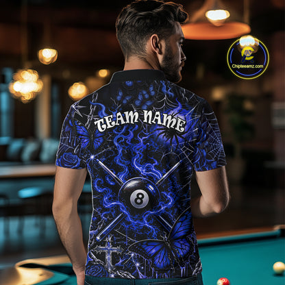 Personalized 8 Ball Blue Smoke Billiard Team Name Shirt Gothic Spider Butterfly Pool Ball Billiard For Men NYN4697