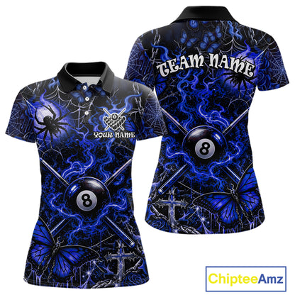 Personalized 8 Ball Blue Smoke Billiard Team Name Shirt Gothic Spider Butterfly Pool Ball Billiard For Women NYN4697