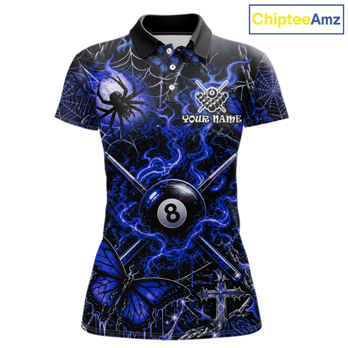 Personalized 8 Ball Blue Smoke Billiard Team Name Shirt Gothic Spider Butterfly Pool Ball Billiard For Women NYN4697