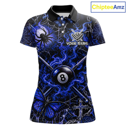 Personalized 8 Ball Blue Smoke Billiard Team Name Shirt Gothic Spider Butterfly Pool Ball Billiard For Women NYN4697