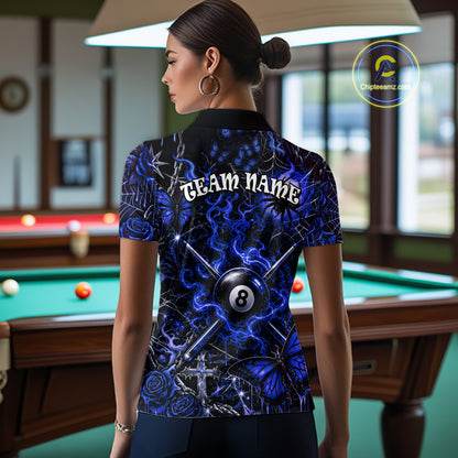 Personalized 8 Ball Blue Smoke Billiard Team Name Shirt Gothic Spider Butterfly Pool Ball Billiard For Women NYN4697