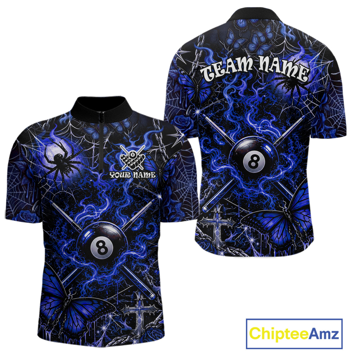 Personalized 8 Ball Blue Smoke Billiard Team Name Shirt Gothic Spider Butterfly Pool Ball Billiard For Men NYN4697