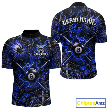 Personalized 8 Ball Blue Smoke Billiard Team Name Shirt Gothic Spider Butterfly Pool Ball Billiard For Men NYN4697