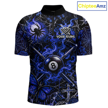 Personalized 8 Ball Blue Smoke Billiard Team Name Shirt Gothic Spider Butterfly Pool Ball Billiard For Men NYN4697
