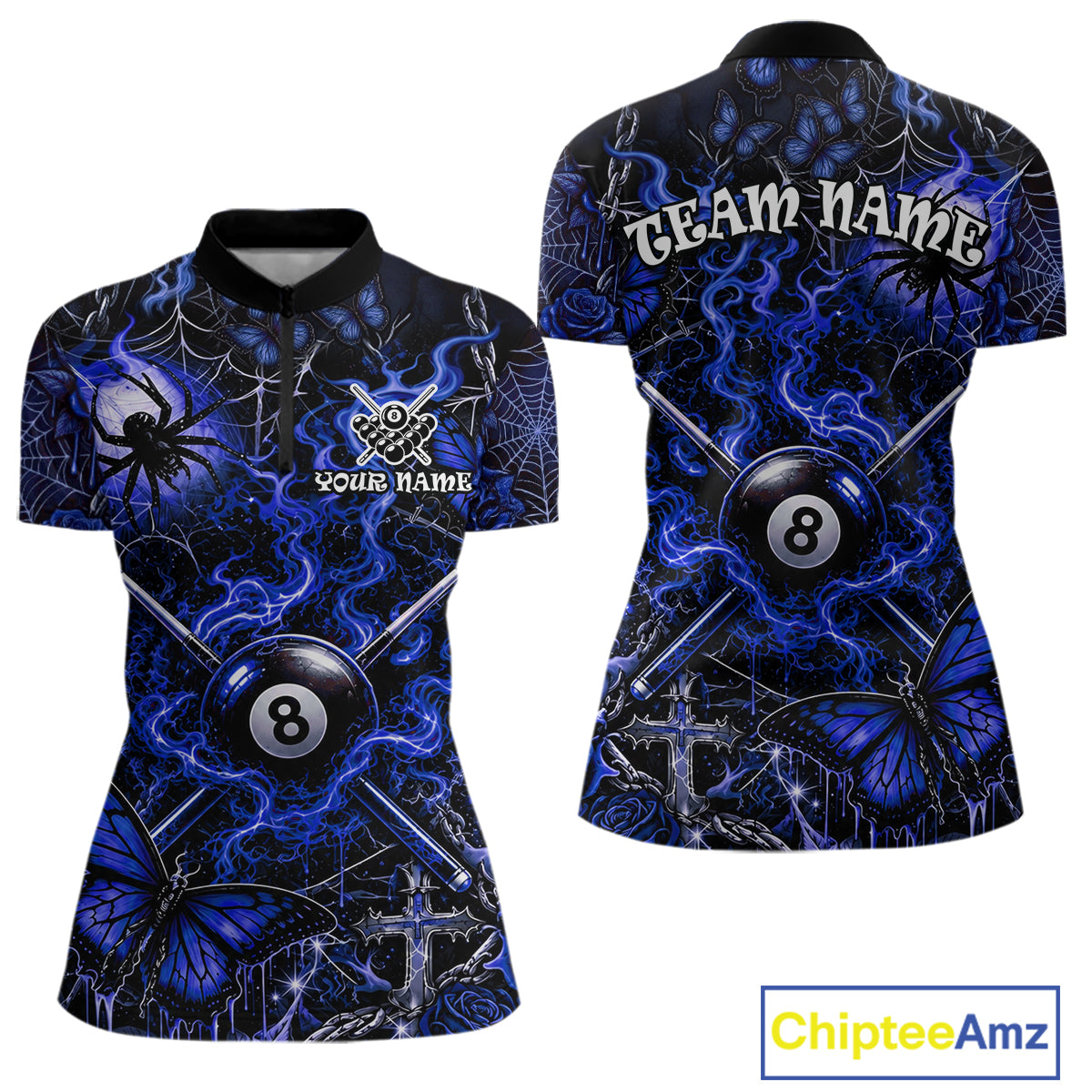 Personalized 8 Ball Blue Smoke Billiard Team Name Shirt Gothic Spider Butterfly Pool Ball Billiard For Women NYN4697