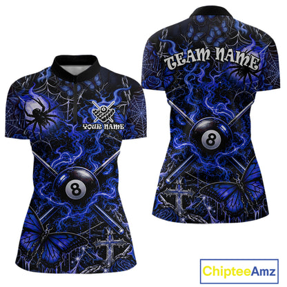 Personalized 8 Ball Blue Smoke Billiard Team Name Shirt Gothic Spider Butterfly Pool Ball Billiard For Women NYN4697