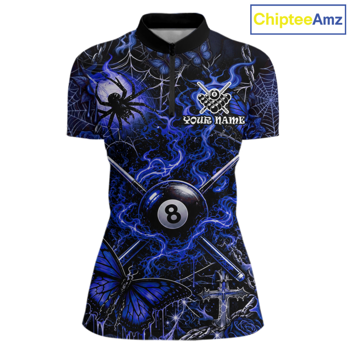 Personalized 8 Ball Blue Smoke Billiard Team Name Shirt Gothic Spider Butterfly Pool Ball Billiard For Women NYN4697