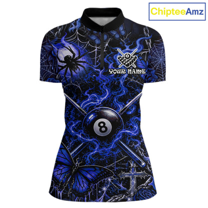 Personalized 8 Ball Blue Smoke Billiard Team Name Shirt Gothic Spider Butterfly Pool Ball Billiard For Women NYN4697
