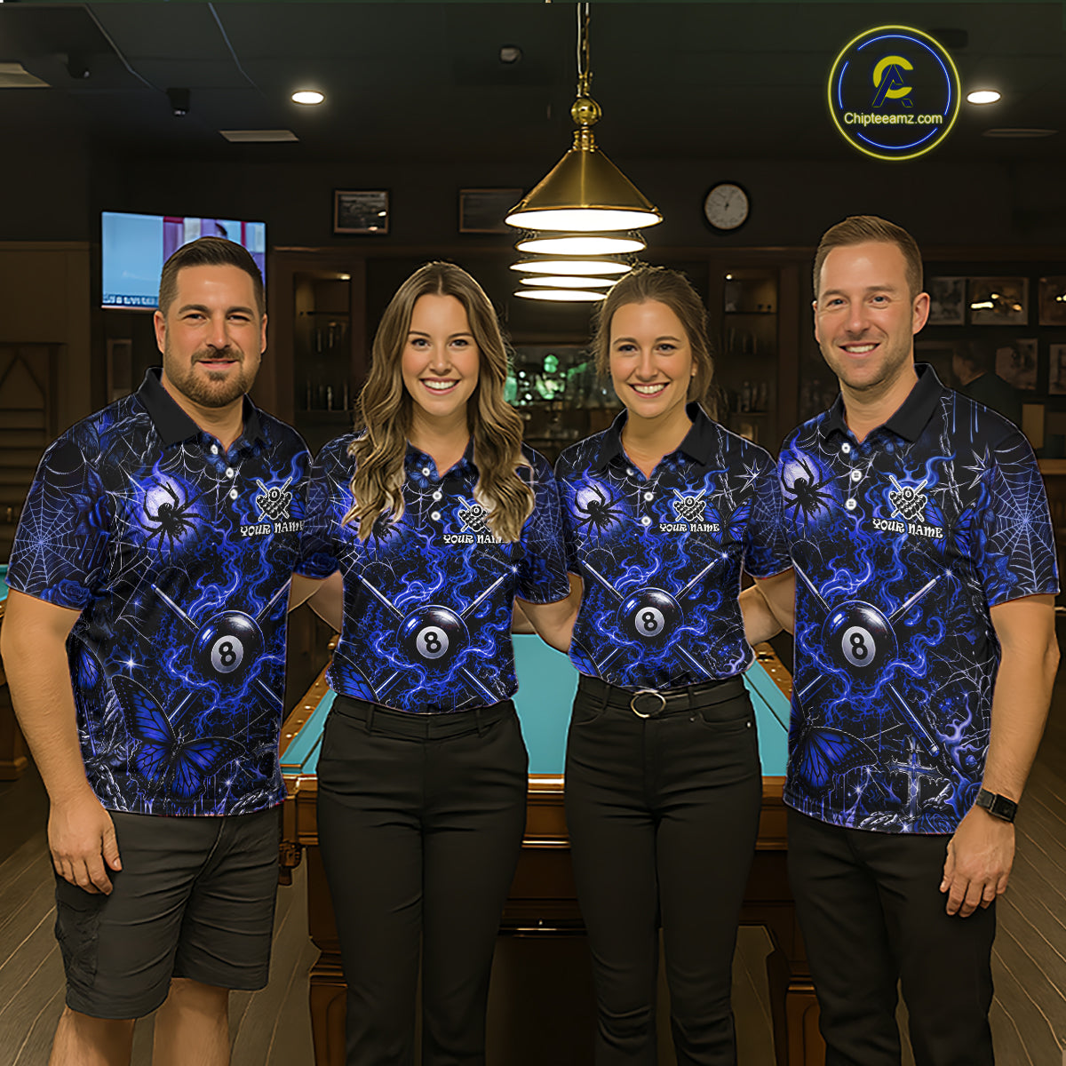 Personalized 8 Ball Blue Smoke Billiard Team Name Shirt Gothic Spider Butterfly Pool Ball Billiard For Men NYN4697