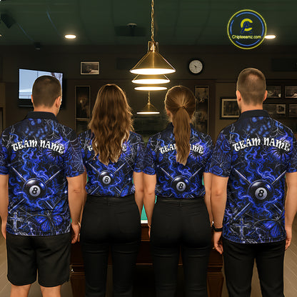 Personalized 8 Ball Blue Smoke Billiard Team Name Shirt Gothic Spider Butterfly Pool Ball Billiard For Men NYN4697