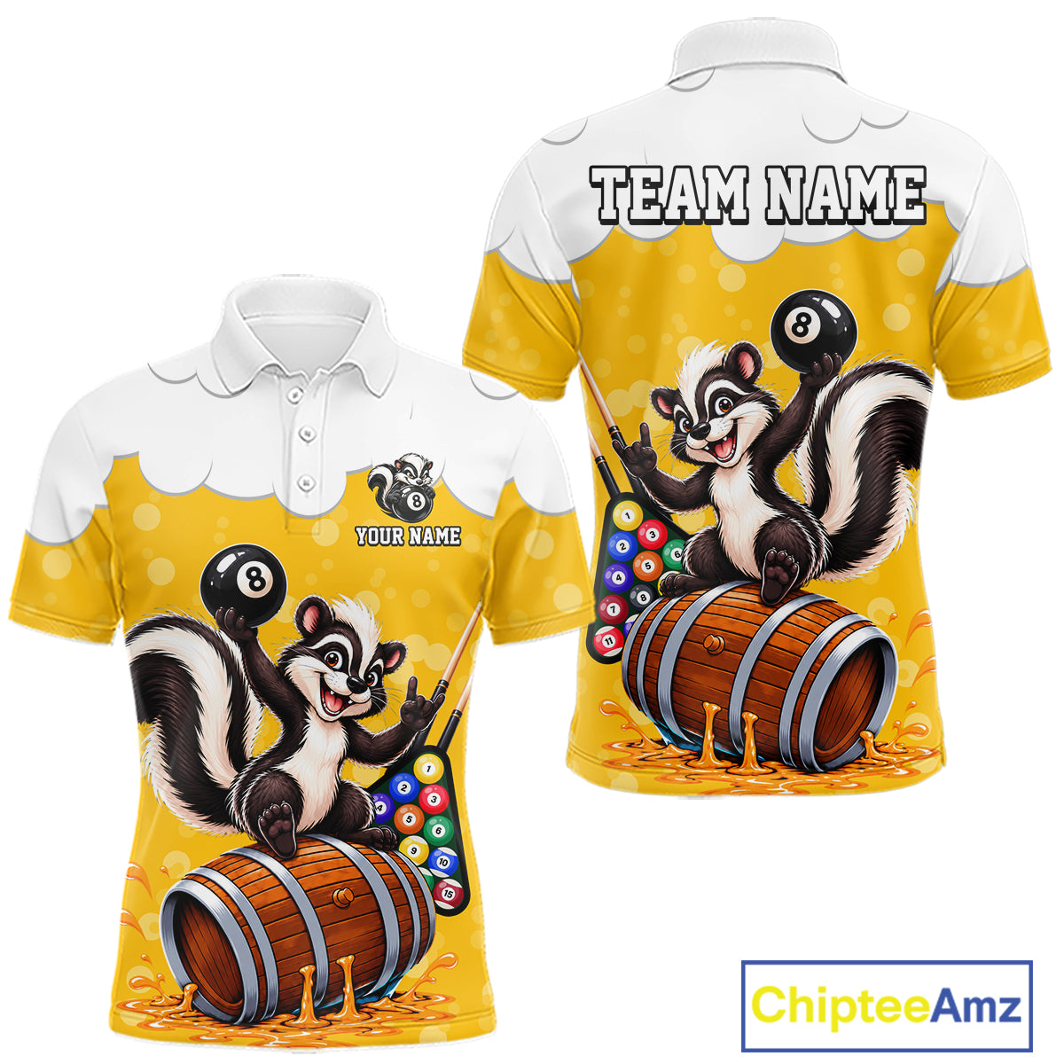 Beer Foam Skunk 8 Ball Billiard Shirt For Men Custom Name Funny Pool Polo 1/4-Zip Team Jersey NYN5082