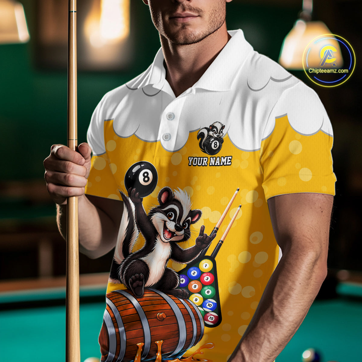 Beer Foam Skunk 8 Ball Billiard Shirt For Men Custom Name Funny Pool Polo 1/4-Zip Team Jersey NYN5082