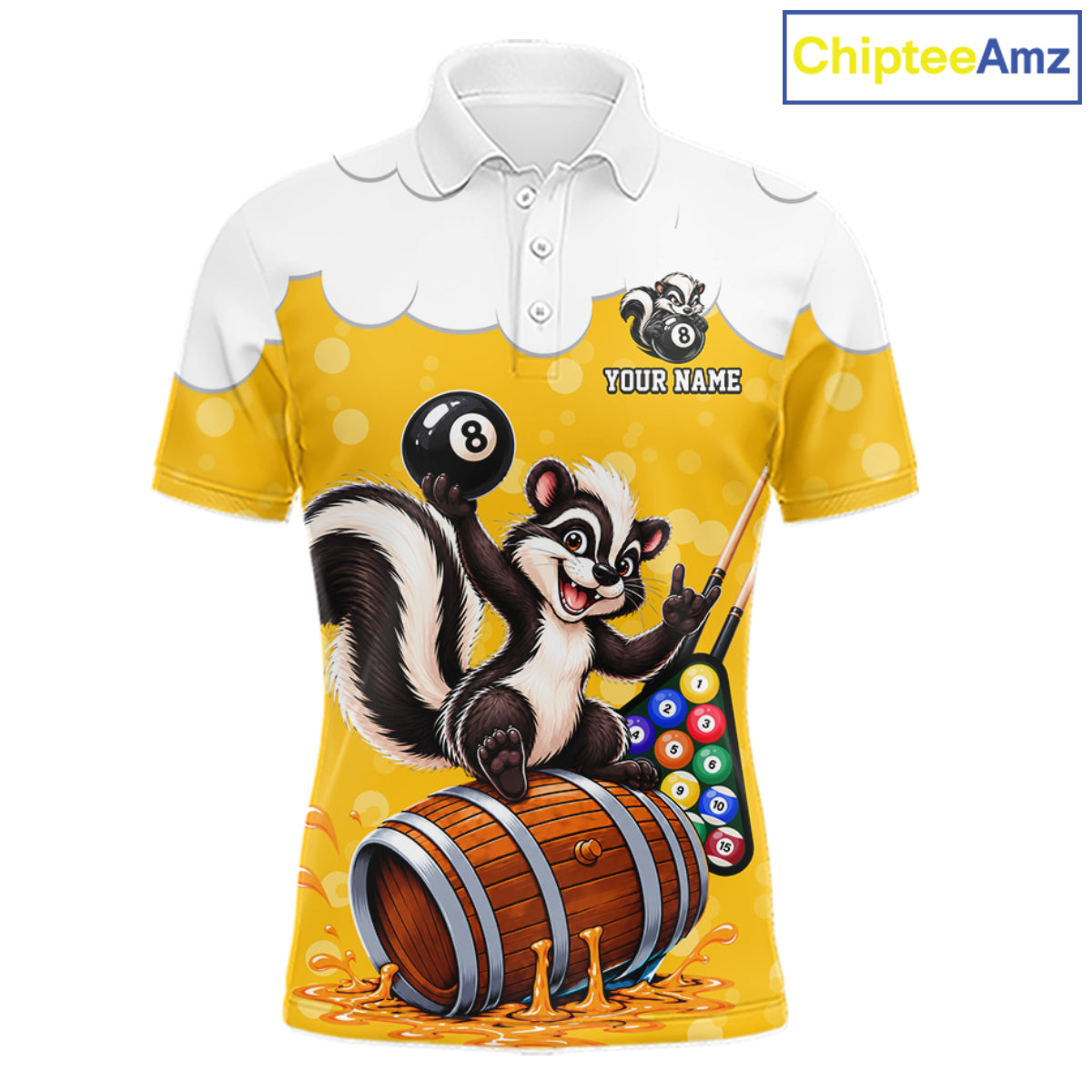 Beer Foam Skunk 8 Ball Billiard Shirt For Men Custom Name Funny Pool Polo 1/4-Zip Team Jersey NYN5082