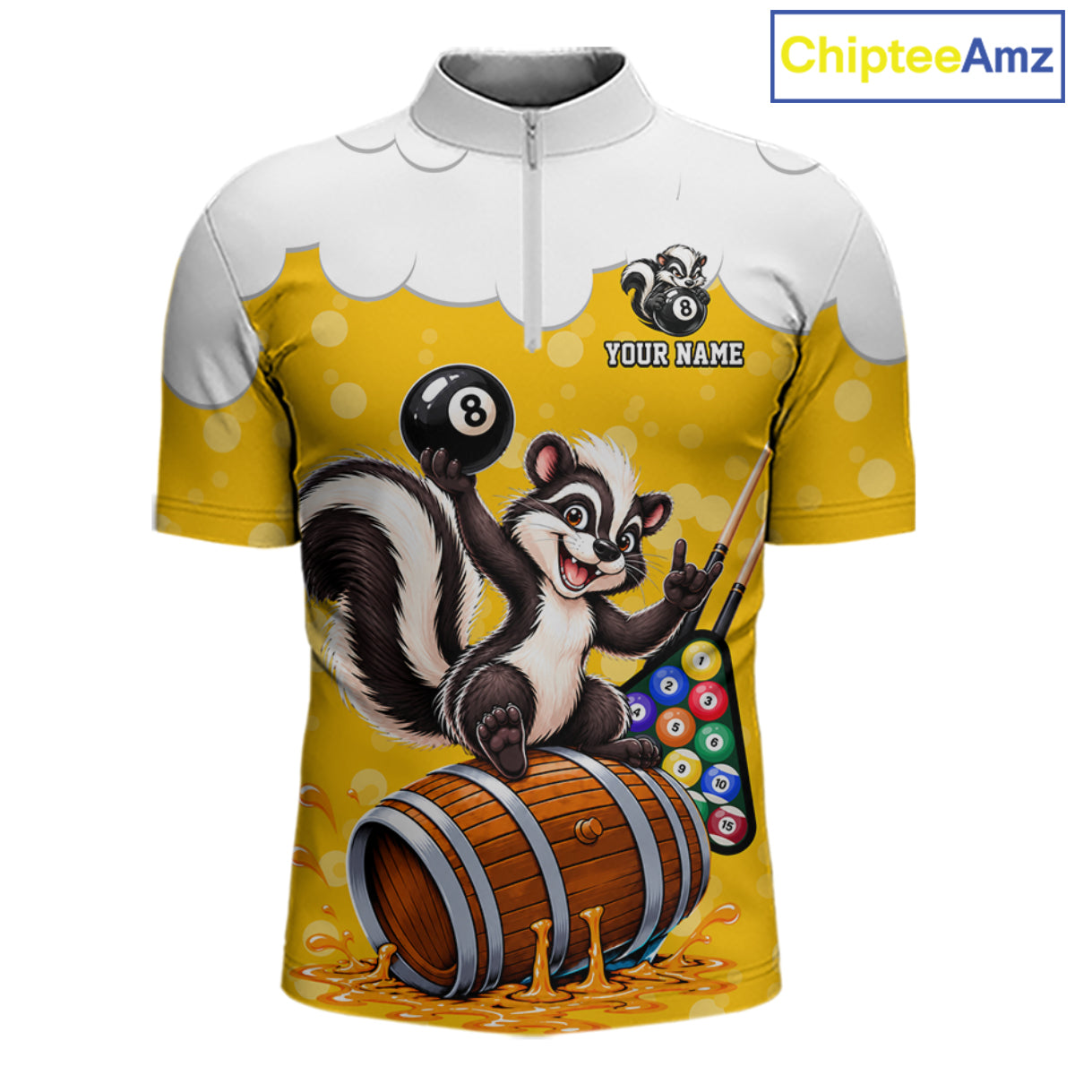 Beer Foam Skunk 8 Ball Billiard Shirt For Men Custom Name Funny Pool Polo 1/4-Zip Team Jersey NYN5082