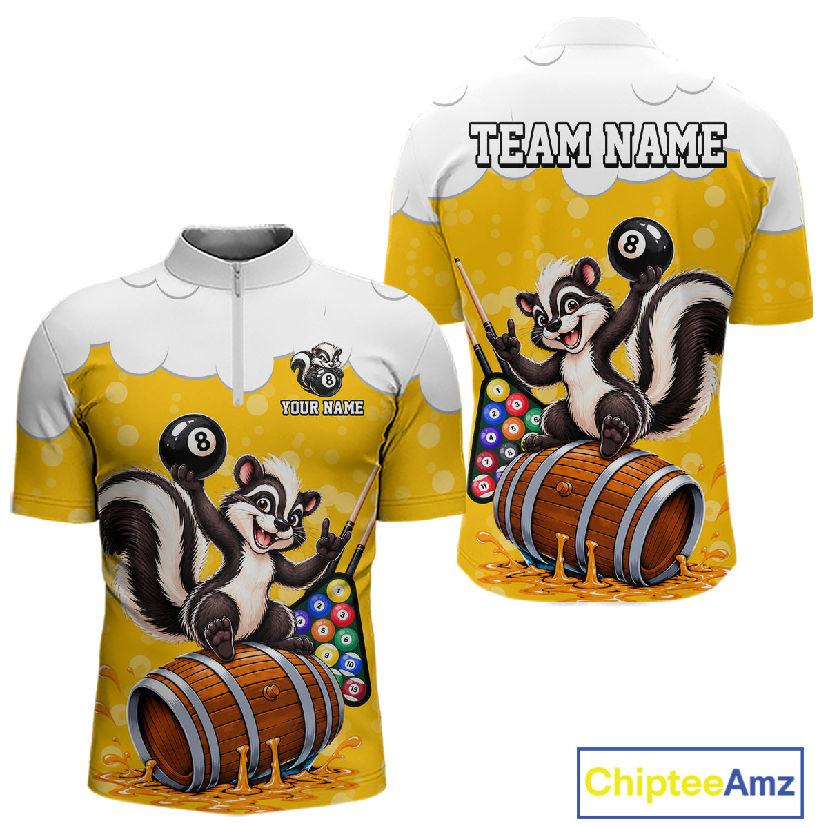 Beer Foam Skunk 8 Ball Billiard Shirt For Men Custom Name Funny Pool Polo 1/4-Zip Team Jersey NYN5082