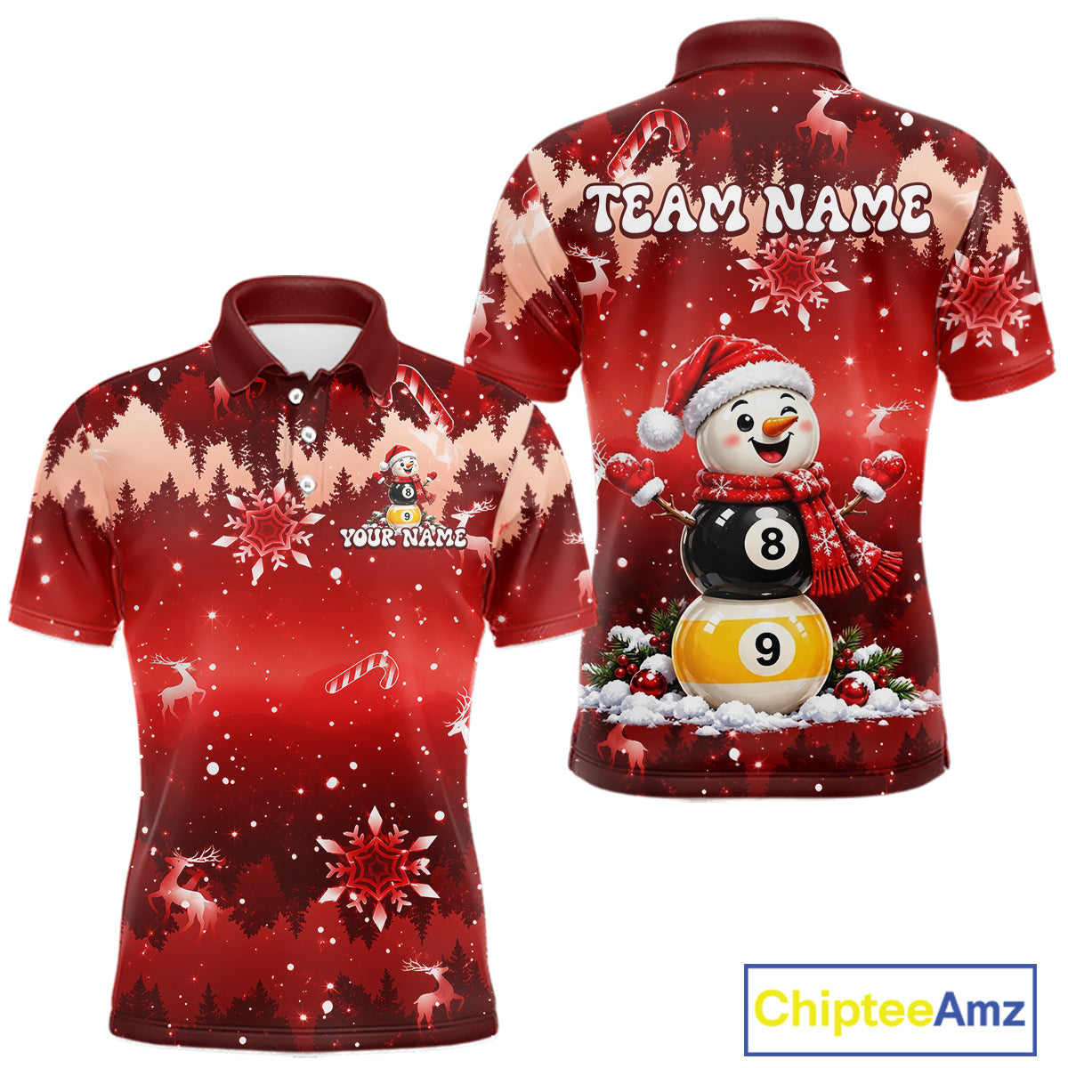 Men Christmas Snowman Billiard Polo 1/4-Zip Shirt Custom Xmas Pool Billiard Team Jersey NYN5091