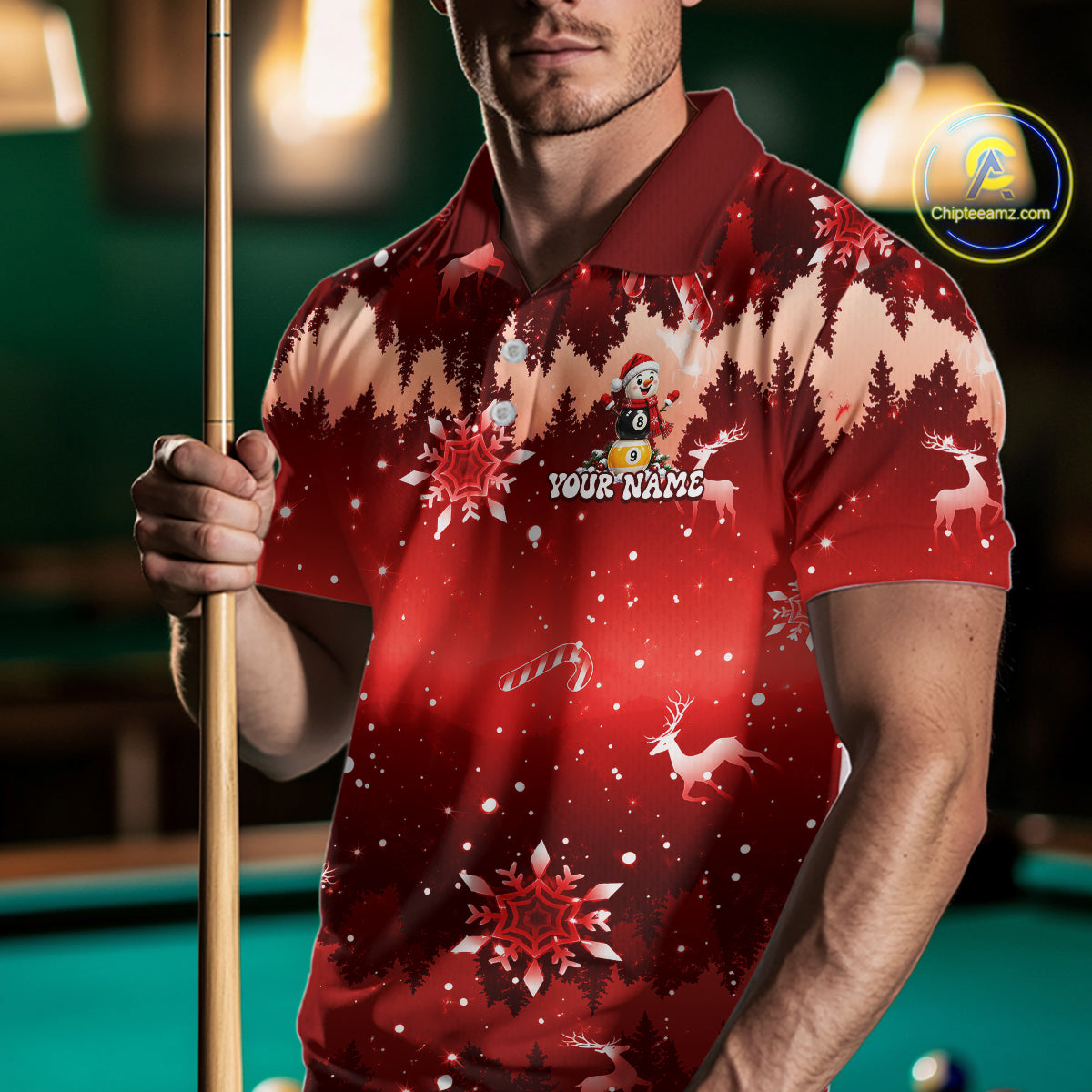 Men Christmas Snowman Billiard Polo 1/4-Zip Shirt Custom Xmas Pool Billiard Team Jersey NYN5091